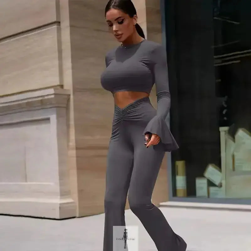 Fashionsarah.com Fashionsarah.com Crop Tops+Flare Pants Matching with Ruffle Detail