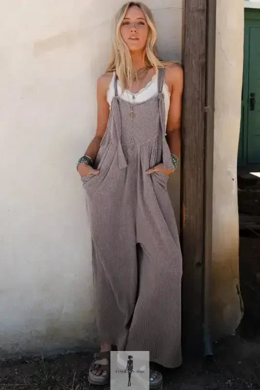 Fashionsarah.com Fashionsarah.com Gray Adjustable Straps Wide Leg Loose Jumpsuit