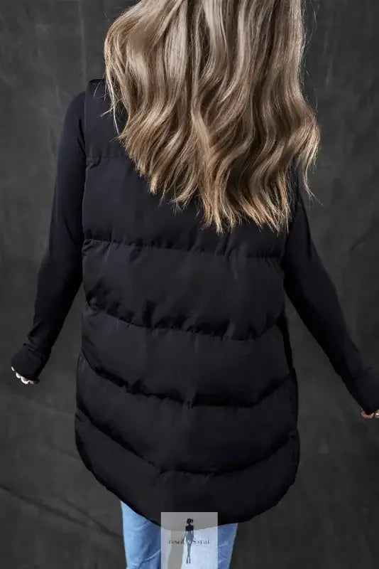 Black windproof vest with pockets, stylish black puffer vest for outdoor activities