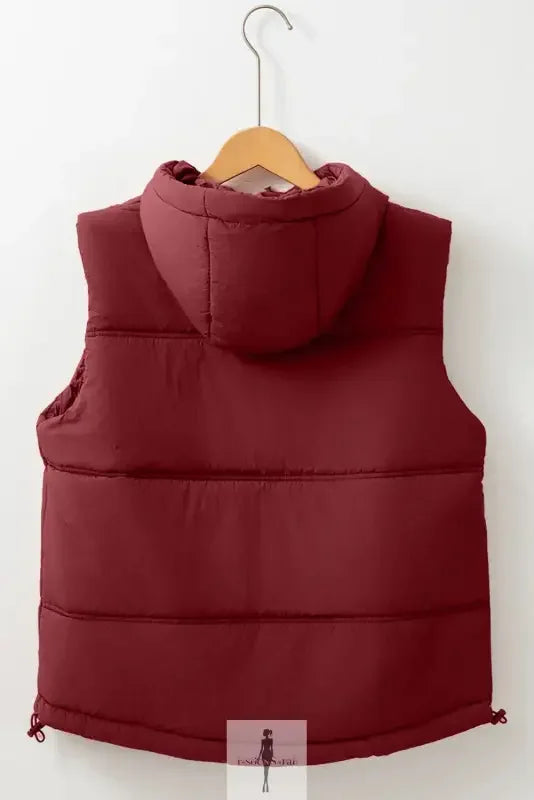 Burgundy hooded puffer vest with side pockets, stylish and warm hooded puffer vest design
