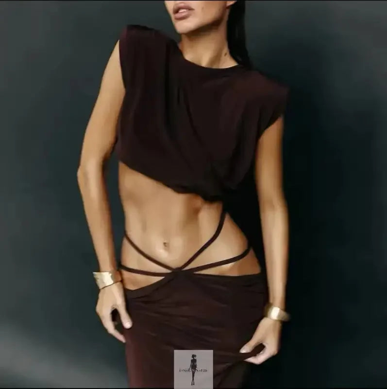 Fashionsarah.com Fashionsarah.com Crop Tops+Bandage Long Skirt Trend Ruched Elegant Suits