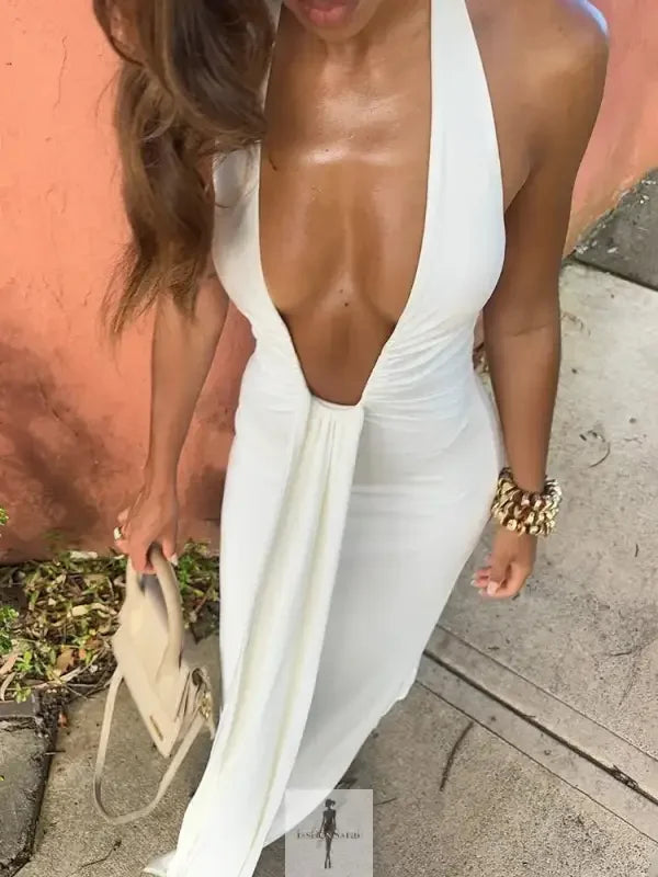 deep cleavage maxi dress Deep V Neck Halter Long Dress