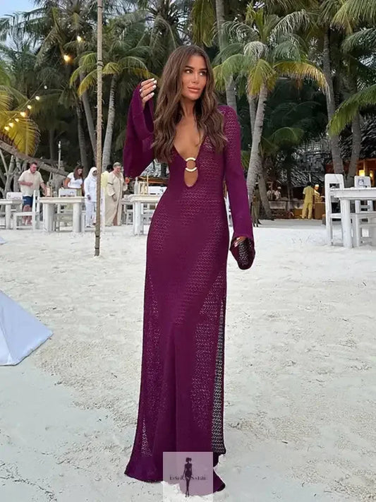 Fashionsarah.com Fashionsarah.com Hollow Out Metal Ring Buckle Splicing Knit Maxi Dress