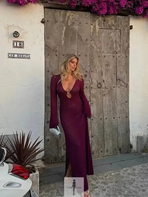 Fashionsarah.com Fashionsarah.com Hollow Out Metal Ring Buckle Splicing Knit Maxi Dress