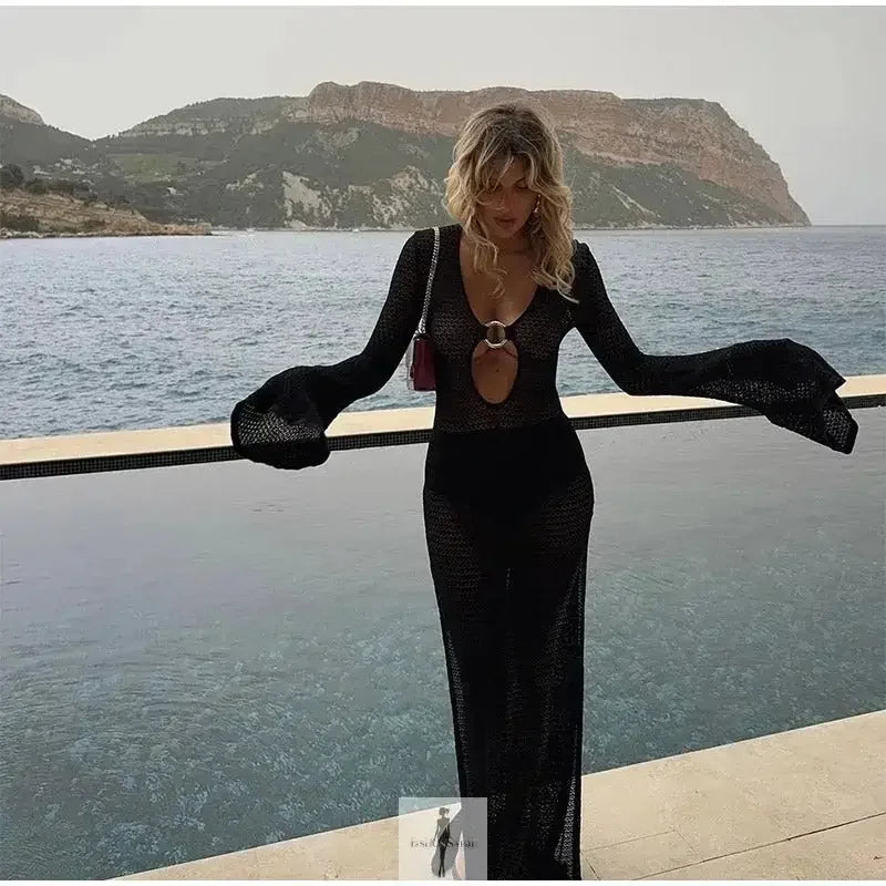 Fashionsarah.com Fashionsarah.com Hollow Out Metal Ring Buckle Splicing Knit Maxi Dress