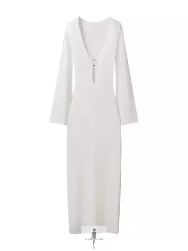 Fashionsarah.com Fashionsarah.com Hollow Out Metal Ring Buckle Splicing Knit Maxi Dress