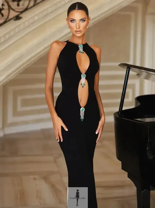 Fashionsarah.com Fashionsarah.com Black Hollow Out Pearl Tassel Maxi Dress