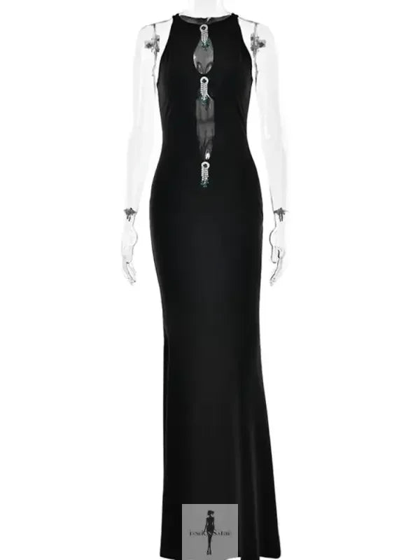 Fashionsarah.com Fashionsarah.com Black Hollow Out Pearl Tassel Maxi Dress