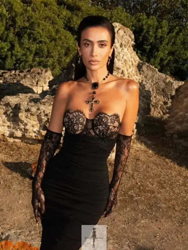 Fashionsarah.com Fashionsarah.com Lace Strapless Maxi Bodycon Dress with Lace Gloves