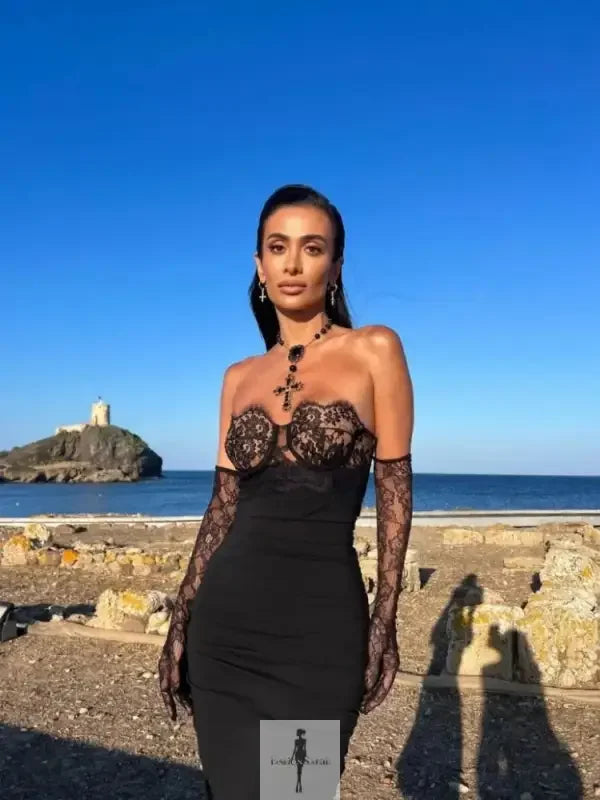 Fashionsarah.com Fashionsarah.com Lace Strapless Maxi Bodycon Dress with Lace Gloves