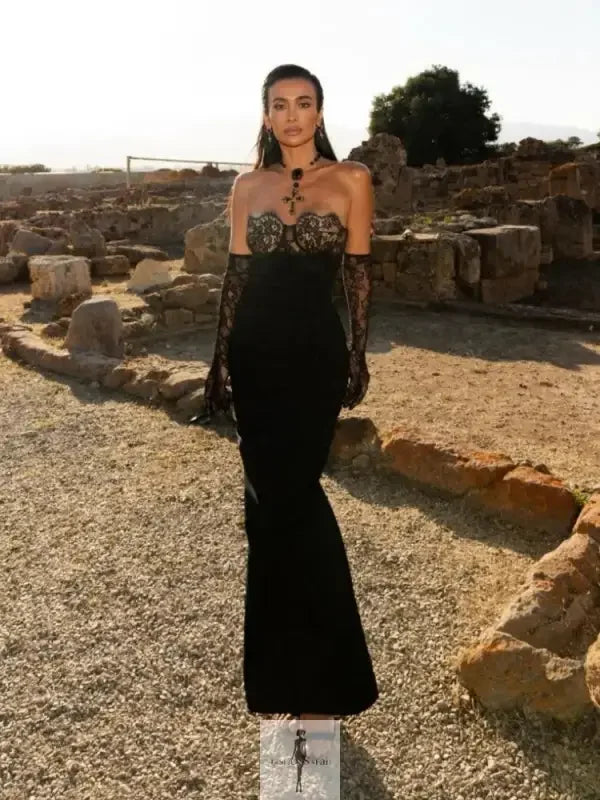 Fashionsarah.com Fashionsarah.com Lace Strapless Maxi Bodycon Dress with Lace Gloves