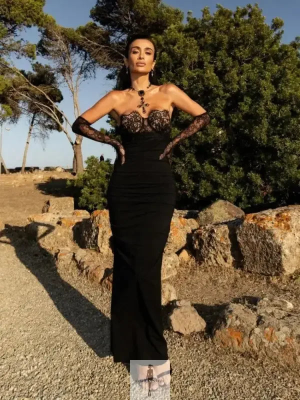 Lace Strapless Maxi Bodycon Dress with Lace Gloves