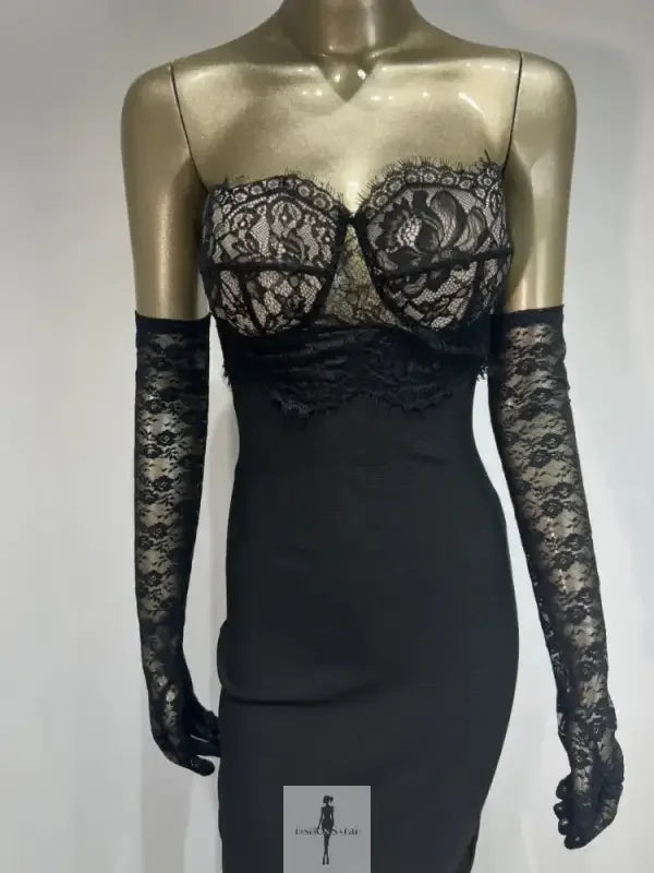 Fashionsarah.com Fashionsarah.com Lace Strapless Maxi Bodycon Dress with Lace Gloves