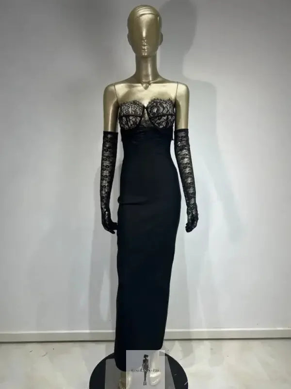 Fashionsarah.com Fashionsarah.com Lace Strapless Maxi Bodycon Dress with Lace Gloves