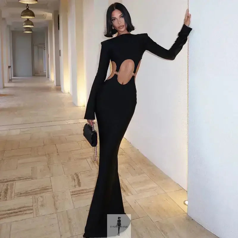 Fashionsarah.com Fashionsarah.com Hollow Out Metal Ring Maxi Slim Fit Dress