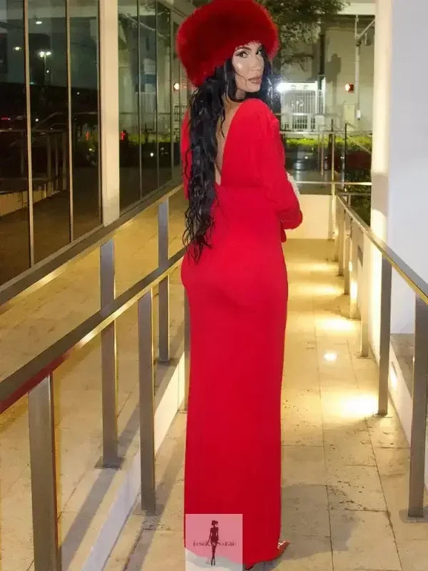 Fashionsarah.com Fashionsarah.com Deep V-neck Pleated Elegant Maxi Dress