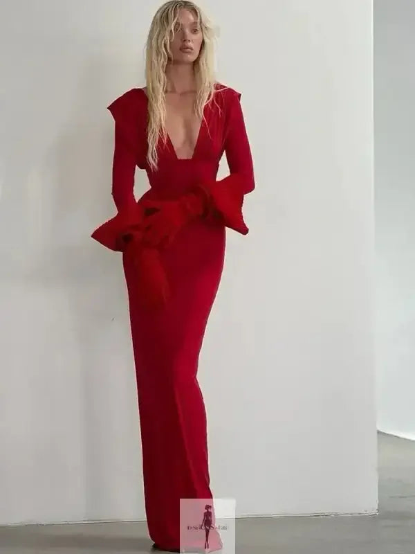 Fashionsarah.com Fashionsarah.com Deep V-neck Pleated Elegant Maxi Dress