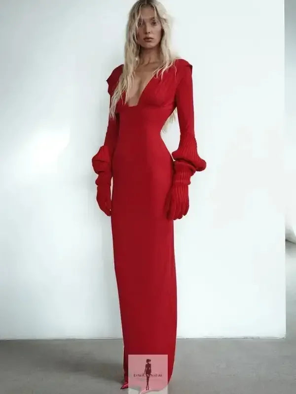 Fashionsarah.com Fashionsarah.com Deep V-neck Pleated Elegant Maxi Dress