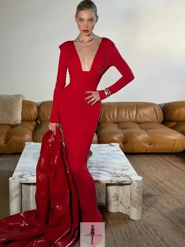 Fashionsarah.com Fashionsarah.com Deep V-neck Pleated Elegant Maxi Dress