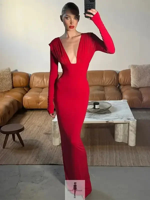 Fashionsarah.com Fashionsarah.com Deep V-neck Pleated Elegant Maxi Dress