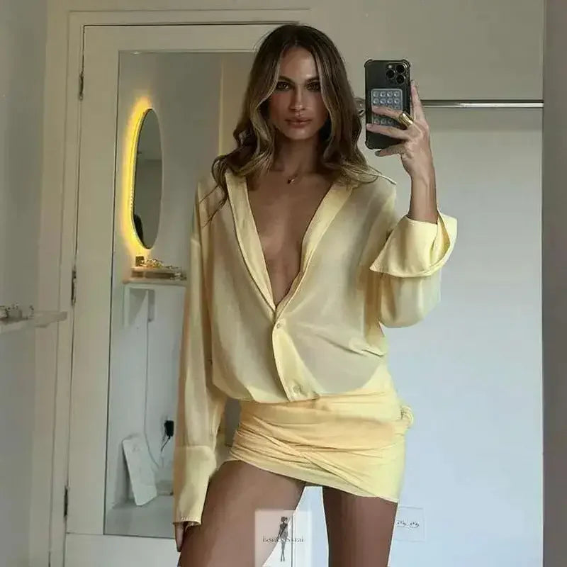 Fashionsarah.com Fashionsarah.com Yellow Shirt Dress Ruched Skirt