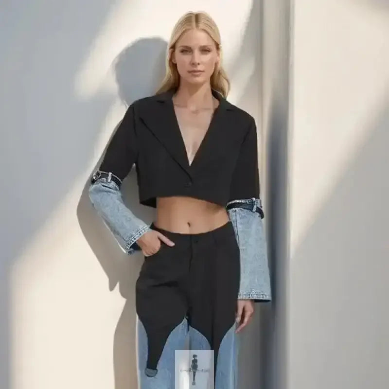 Fashionsarah.com Fashionsarah.com Denim Casual Crop Blazer / Fashionsarah