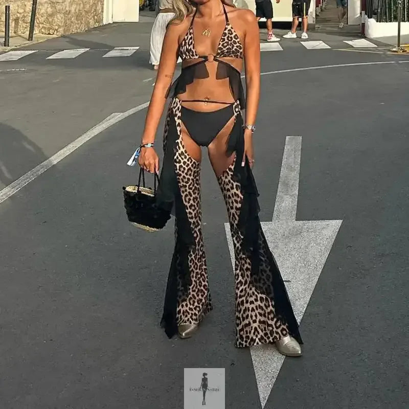 Fashionsarah.com Fashionsarah.com Leopard Lingerie Bra+Thongs+Long Pants Retro Suit