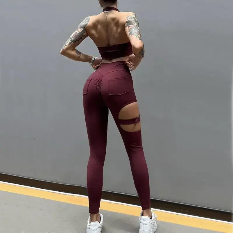 Butt Lift Elastic Legging with Belt Design - Red / S - Leggings Fitness Trousers