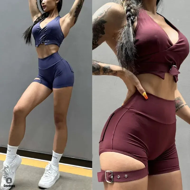 Butt Lift Elastic Leggings with Belt Design - Leggings Fitness Trousers