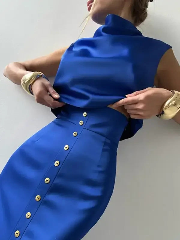 Elegant Crop Top with Long Split Skirt - Blue / S (US 4) - Apparel & Accessories