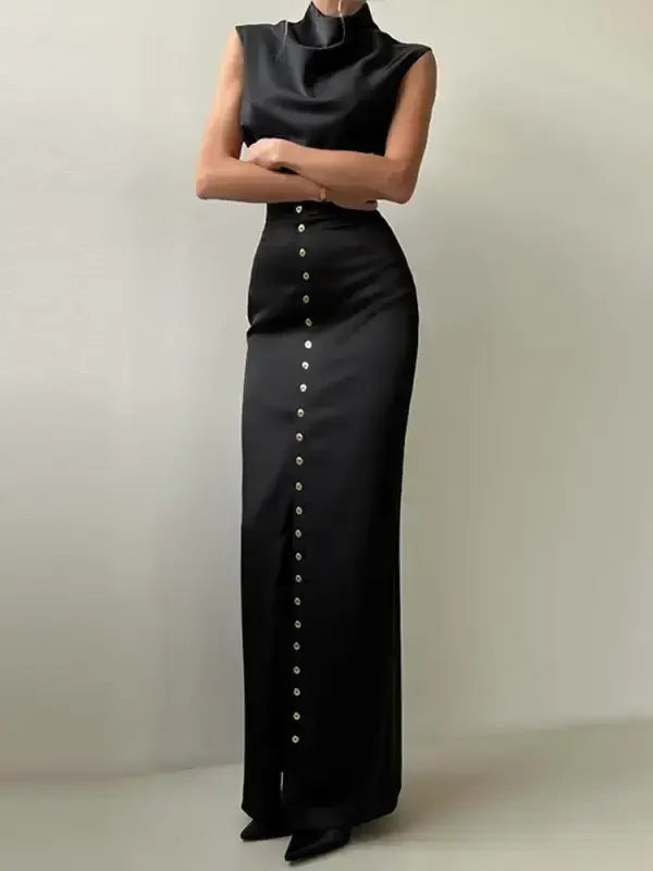 Elegant Crop Top with Long Split Skirt - Black / S (US 4) - Apparel & Accessories
