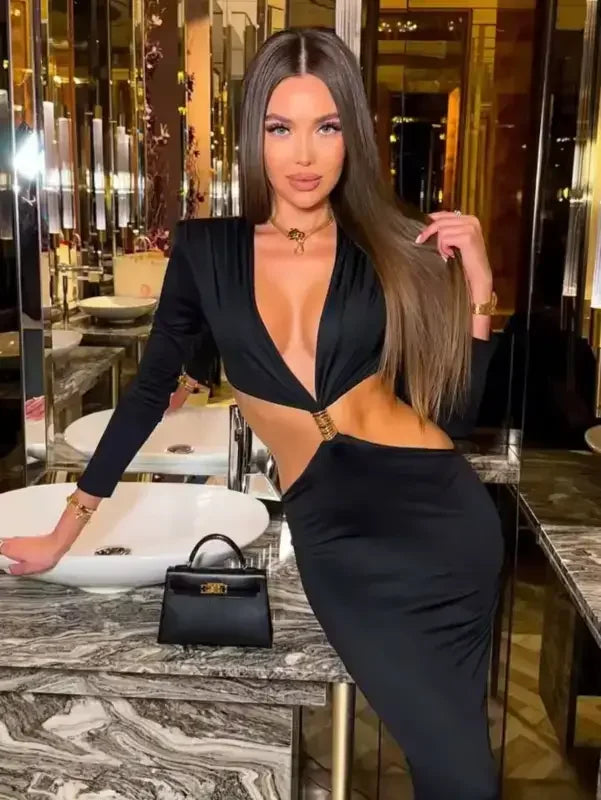 Black cutout Deep V Maxi Dress with Metal Buckle for elegant evening wear