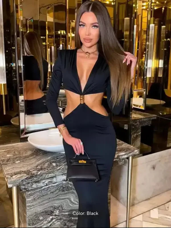 Black cutout deep V maxi dress with metal buckle from the Deep V Maxi Dress collection