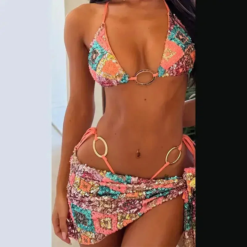 Sequin printed bikini and wrap skirt set for a stunning bikini skirt ensemble