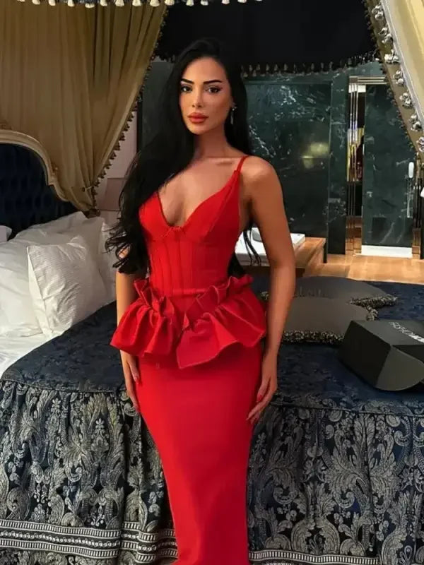 Elegant red ruffles bandage dress with ruffled evening gown style for online boutique display
