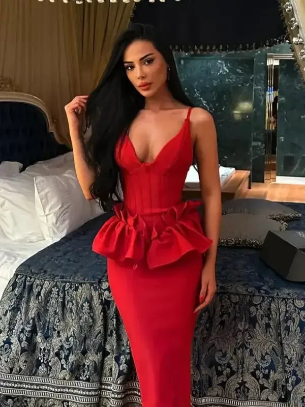 Red Ruffles Bandage Dress displayed in online boutique showcasing elegant ruffles and bandage design