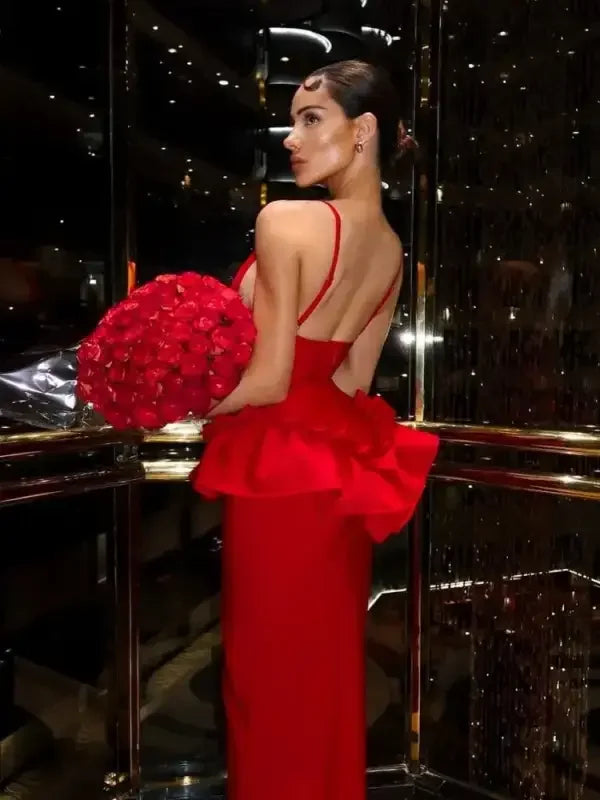 Red Ruffles Bandage Dress featuring ruffled peplum, ideal for online boutique shopping