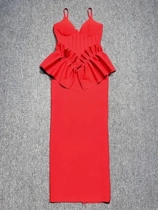 Elegant red ruffles bandage dress with spaghetti straps and ruffled waist from online boutique