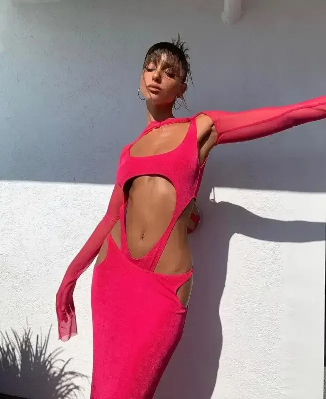 Pink cut-out dress with sheer sleeves from Rose Mesh Sexy Bodycon Dress, perfect as a bodysuit monokini