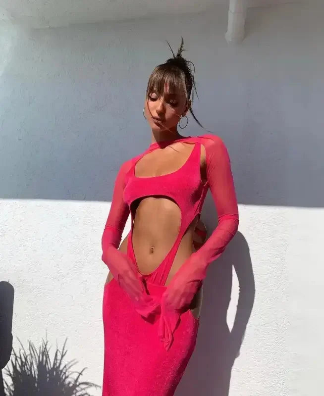 Revealing Pink Dress from Rose Mesh Sexy Bodycon Dress collection with stripe bodysuit style