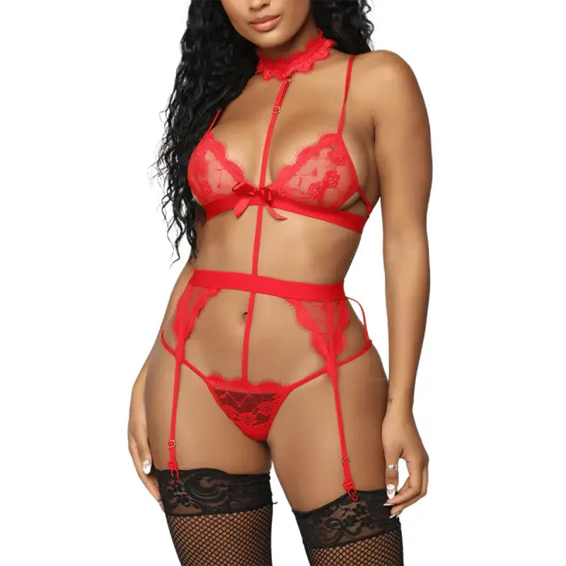 Red lace lingerie set from the New Bow Thong Halter Set featuring a bow thong design