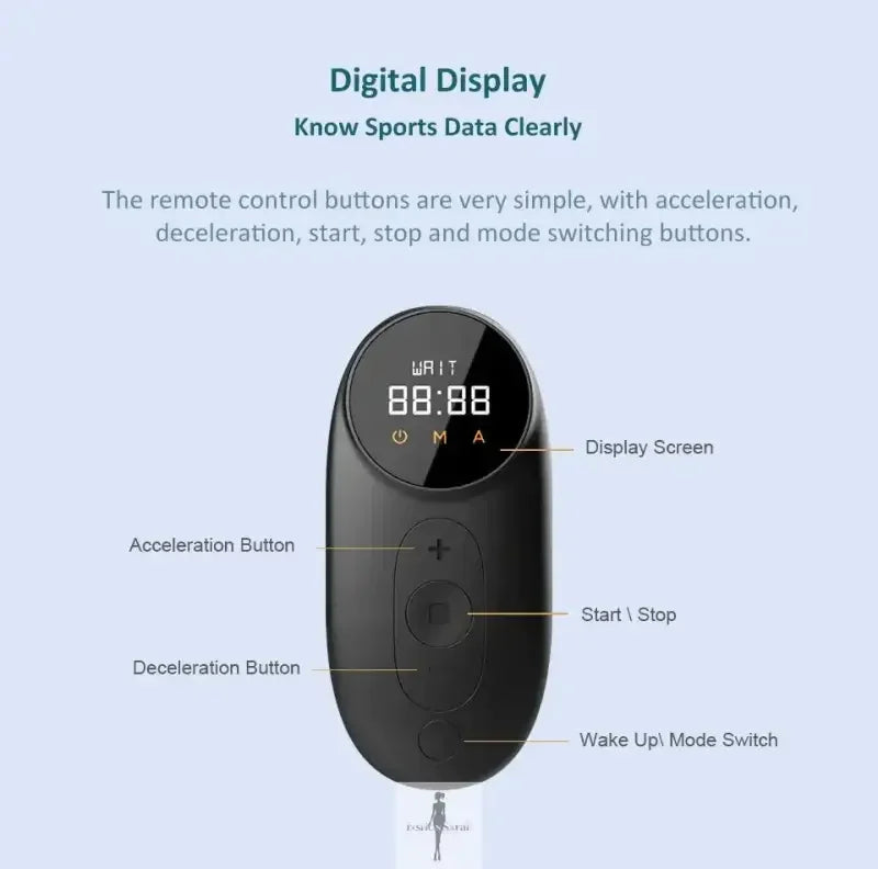 Black remote control with digital display and labeled buttons for WalkingPad Foldable Treadmill
