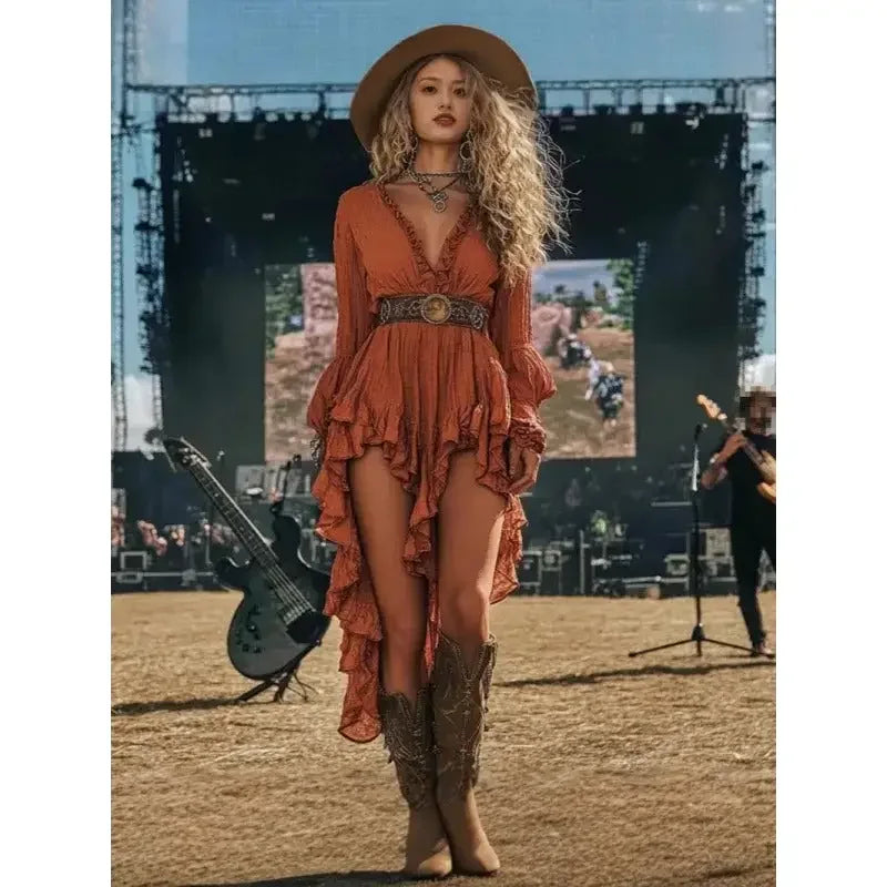 Ruffled Floral Retro Dress - Tops