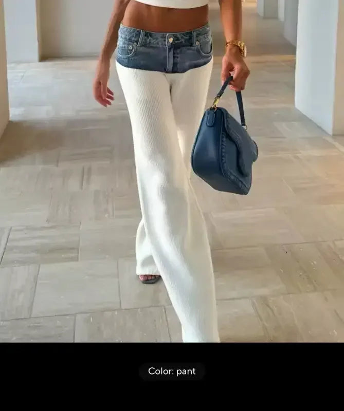 Elegant Denim-Knit Top Matching Pants - Dress