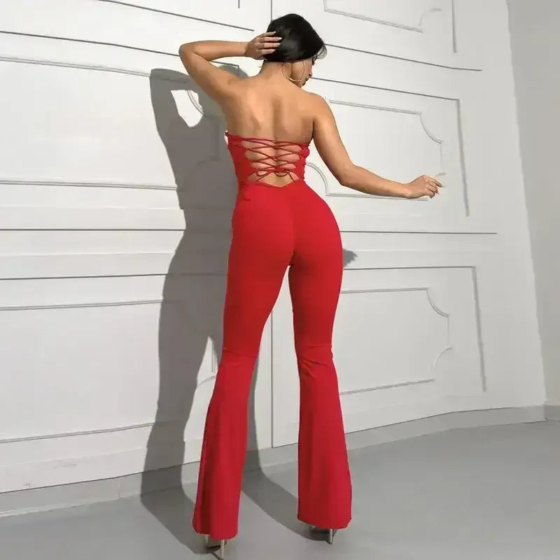Elegant Lace-Up Strapless Jumpsuit - jumpsuit