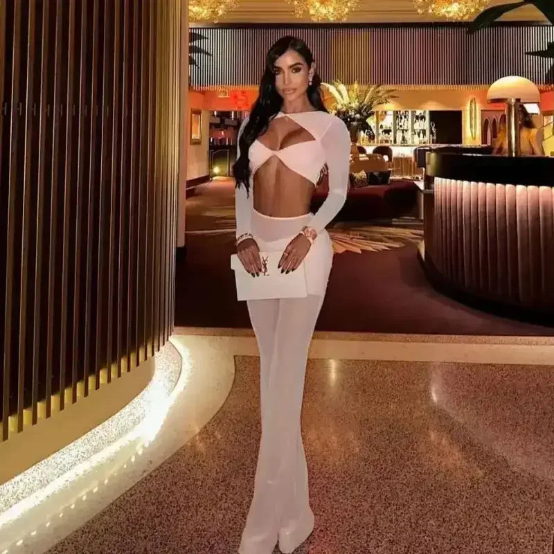 New Mesh Top And Flare Pants Set - Beige / XS - Pant