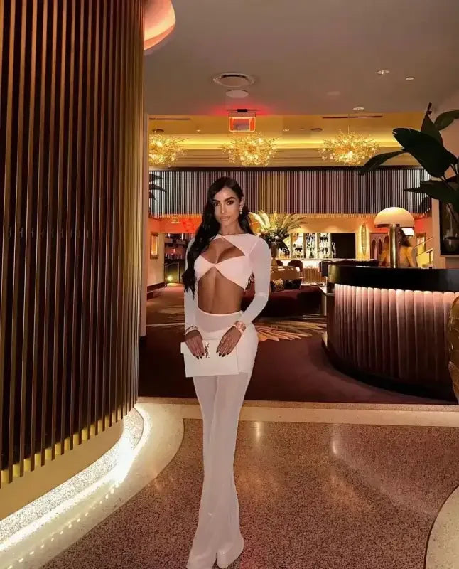 New Mesh Top And Flare Pants Set - Pant