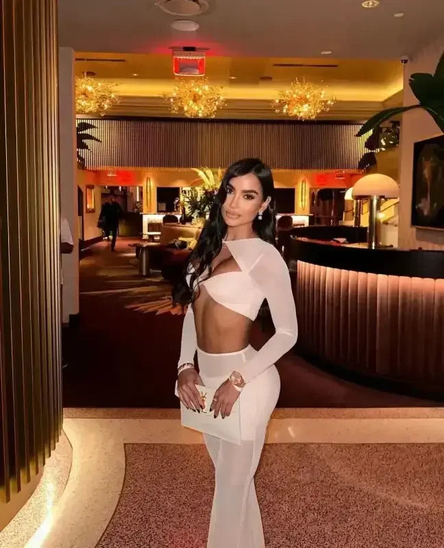 New Mesh Top And Flare Pants Set - Pant