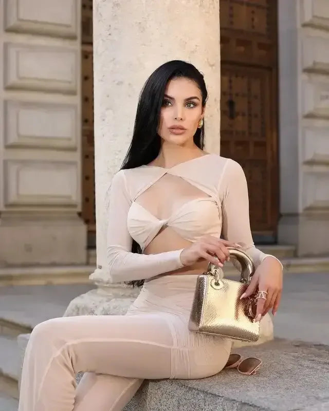 New Mesh Top And Flare Pants Set - Pant