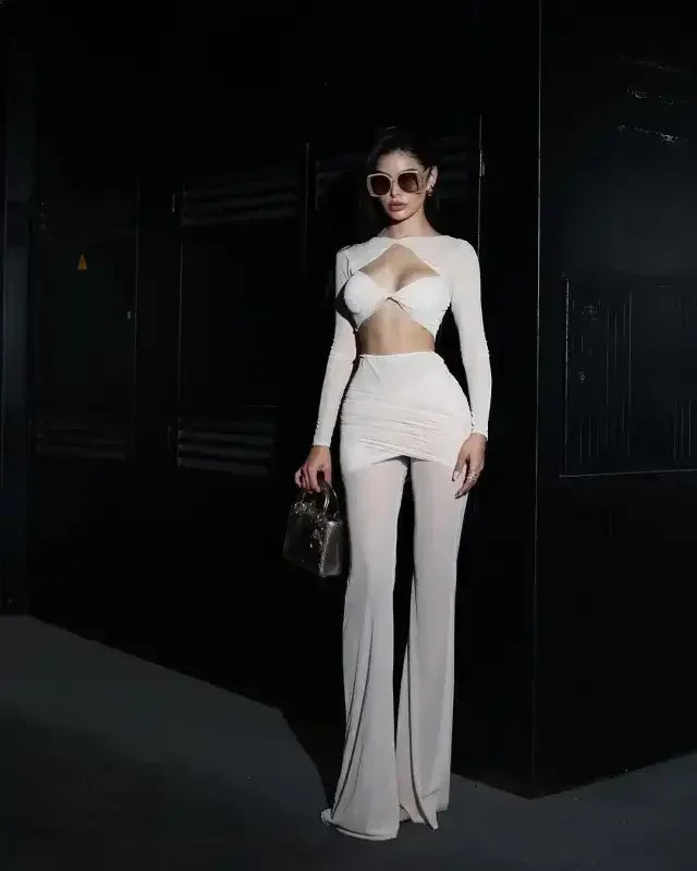 New Mesh Top And Flare Pants Set - Pant